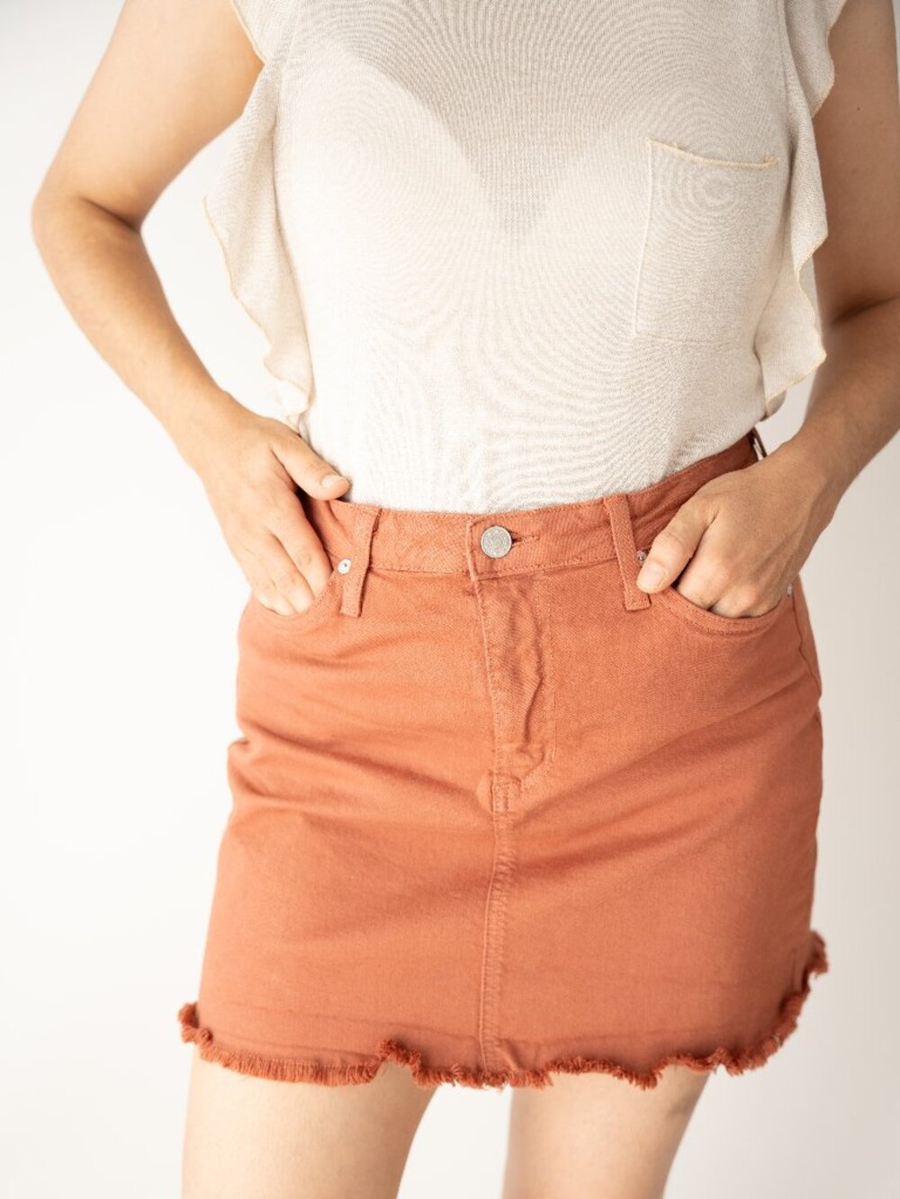 Made in USA Just Black Denim Rust Orange Mini Skirt Raw Hem  Casual Denim Skirt